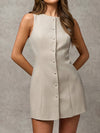 Women'S Chic Sleeveless Beige Commuter Dress with Button Detail - Bodycon, Summer Style, Perfect for Adult, Casual Dressing | Sleeveless Fashion | Buttoned Detail