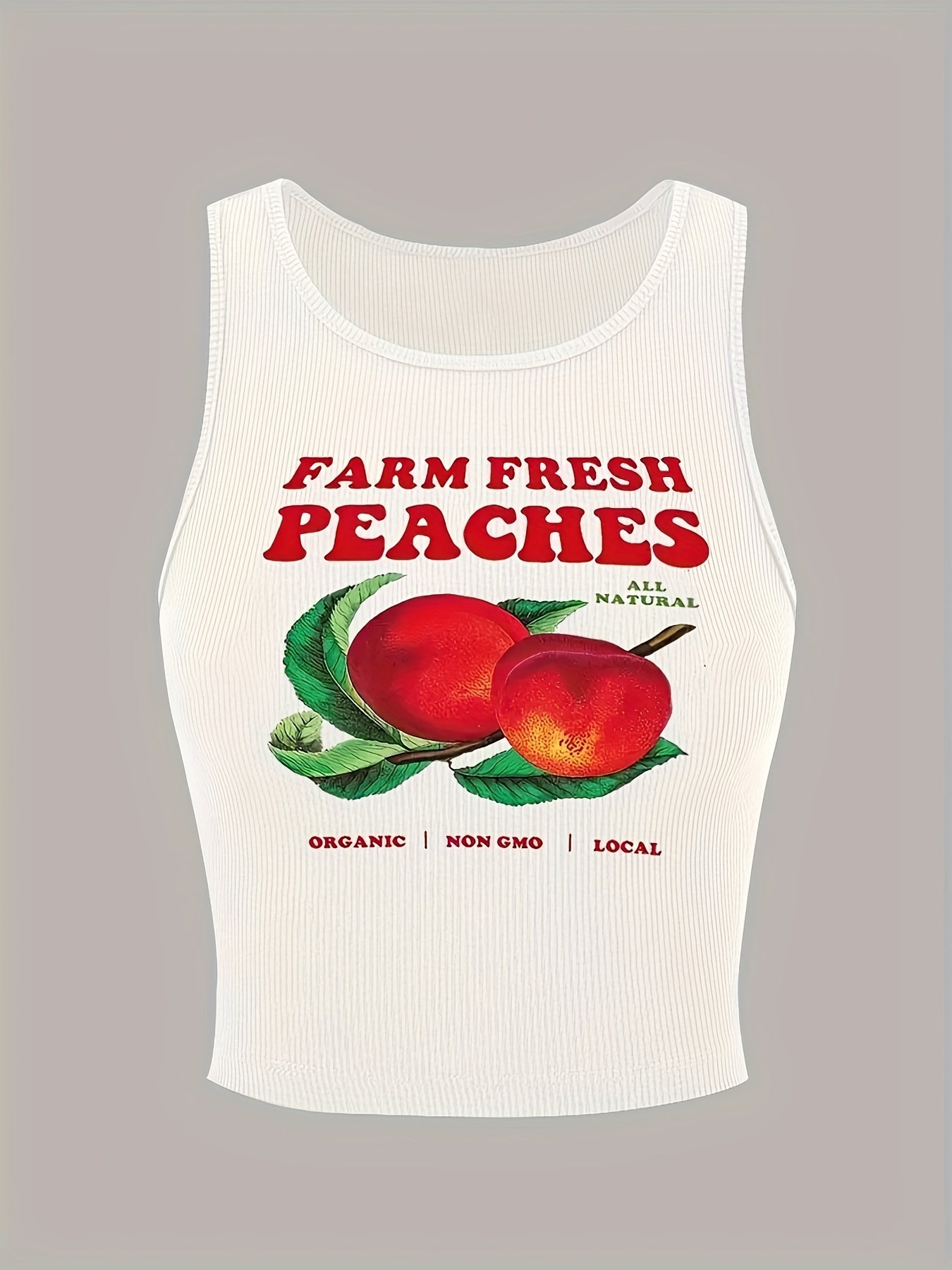 Y2K Sleeveless Crop Tank Top - Peach Print Crew Neck - Women's Spring & Summer Clothing