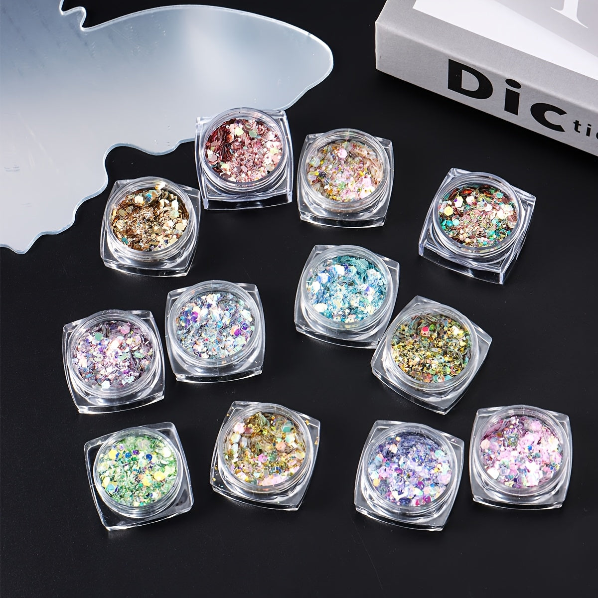 12 Colors Nail Art Glitter Diamond Dust Iridescent Nail Powder Chunky Glitter Confetti Foil Flakes Sequins for Nail Art Supplies, Gel Polish, Y2K Mermaid Holographic Hexagon Sequins, 3D Mirror Irregular Slices Sparkles