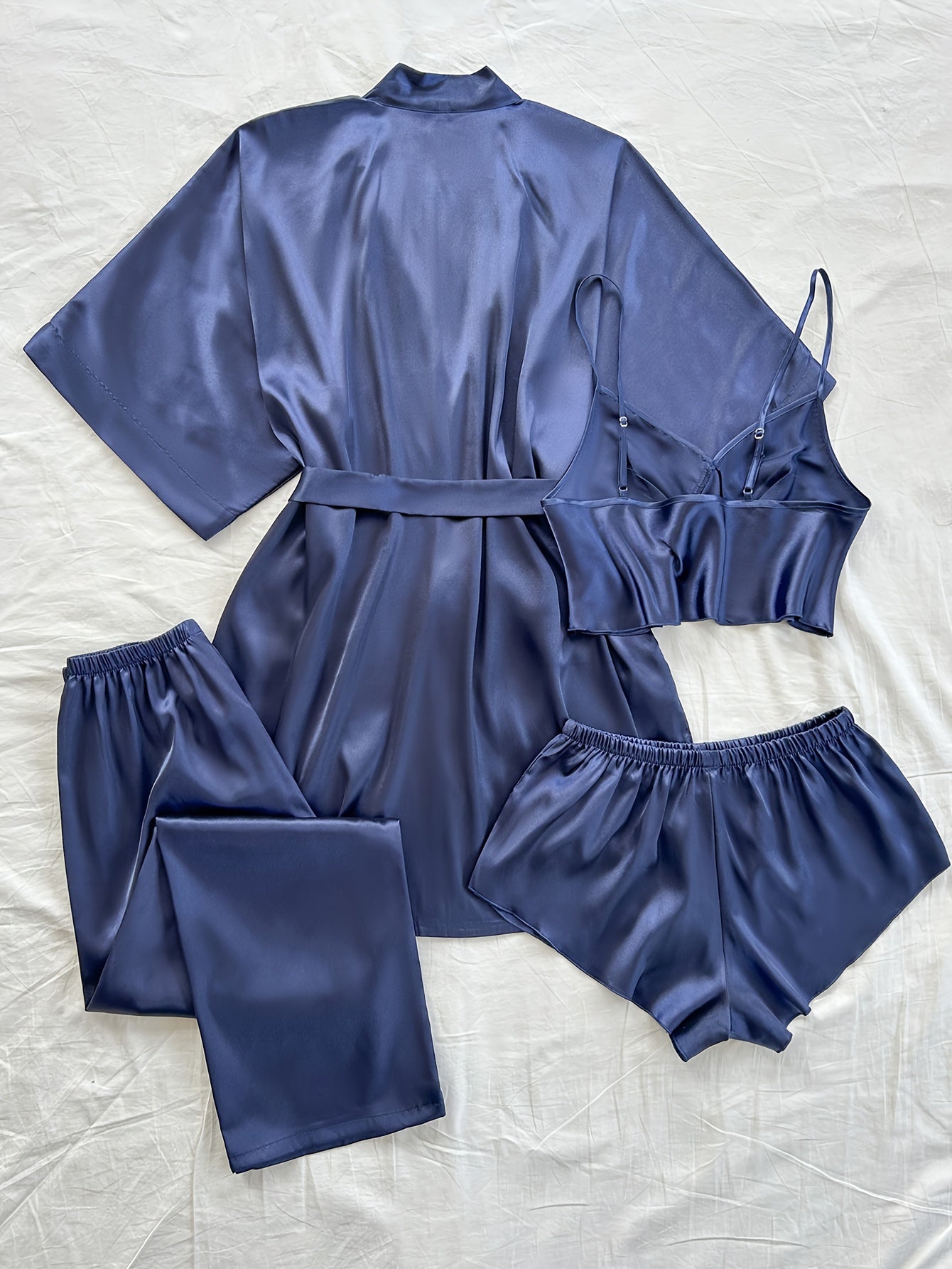 Women'S V-Neck Sexy Comfortable Robe Set with Mini Spaghetti Strap Shorts and Long Pants, Four Pieces