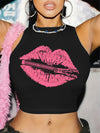 Women's Y2K-Inspired Lips Print Crop Top - Casual Black Sleeveless Tank with Pink Zipper Detail, Breathable Polyester Blend, Machine Washable for Summer