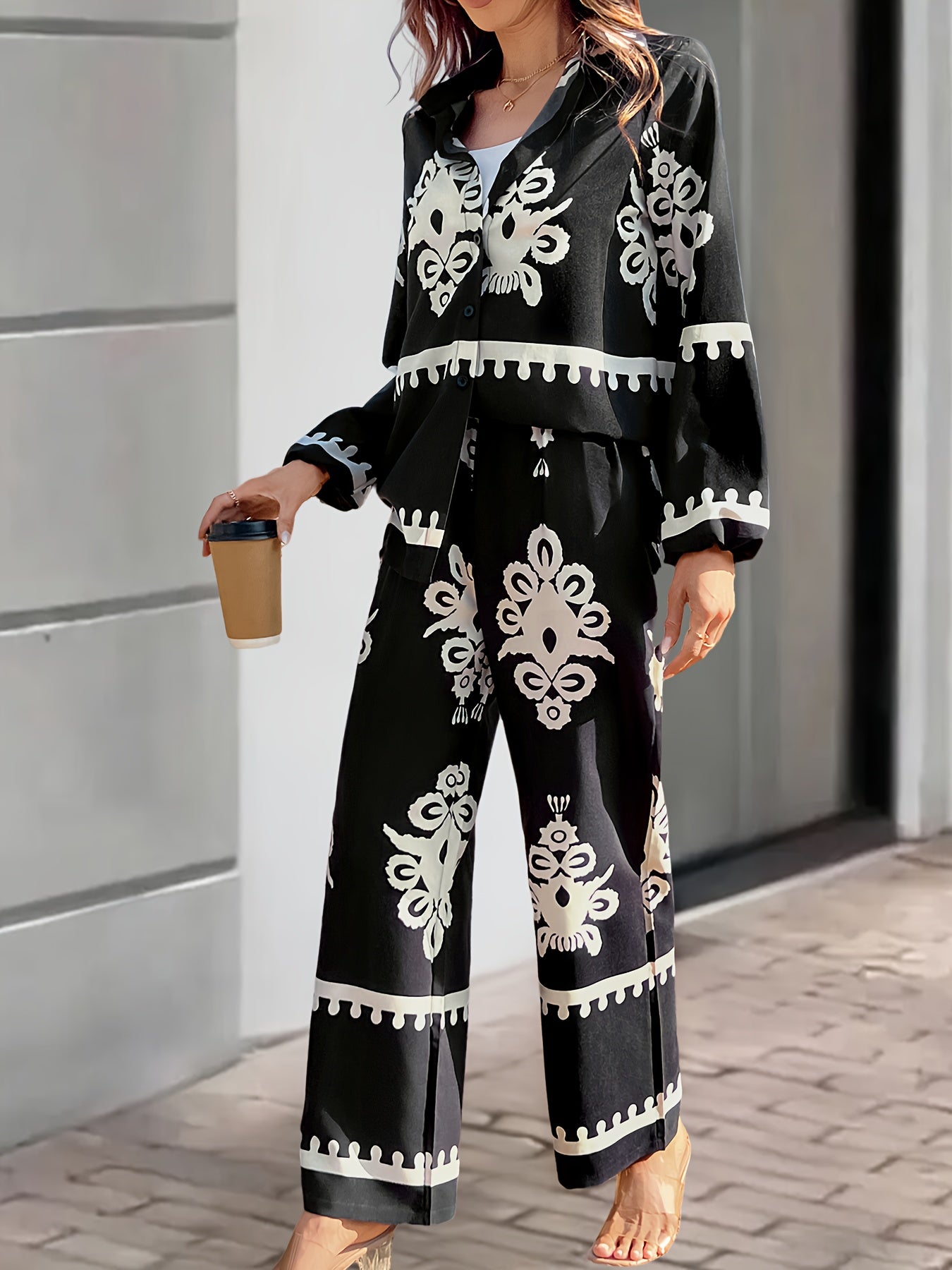2pcs Elegant Special Set for Women with Random Print Front Button Long Sleeve Top and Pants Casual Suit