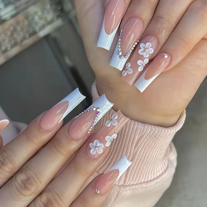 226pcs 168pcs Glossy Long Square Fake Nails (7 pack)  + 58pcs Rings Set White French Tip Press On NailsWith Embossed Flower Rhinestone Design, sweet Cool Full Cover FalseNails For Women Girls