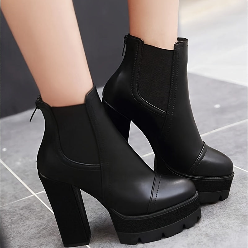 Elegant Women's Mid-Calf Boots with Chunky Heel - Versatile Fashion, Round Toe, Side Zipper, Faux Cover