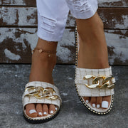 Women's Metal Chain Decor Flat Slippers, Fashion Open Toe Non Slip Slides Shoes, Casual Outdoor Slippers