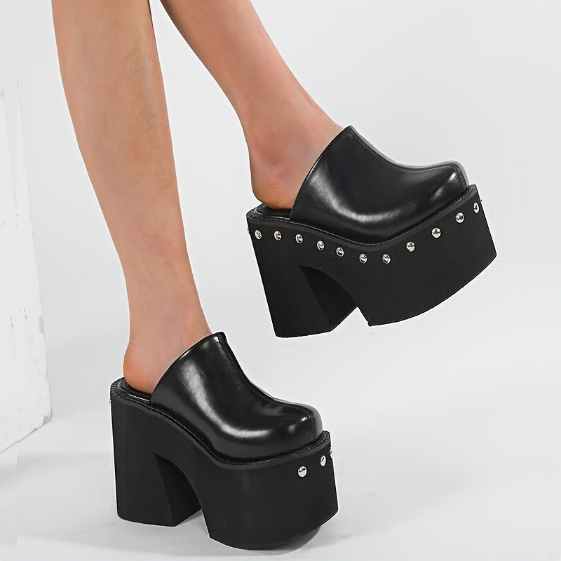 Women's Black Platform Wedge Sandals with Metallic Studs, Round Toe Slip-On High Heels - Stylish Summer Fashion Shoes for Parties and Events