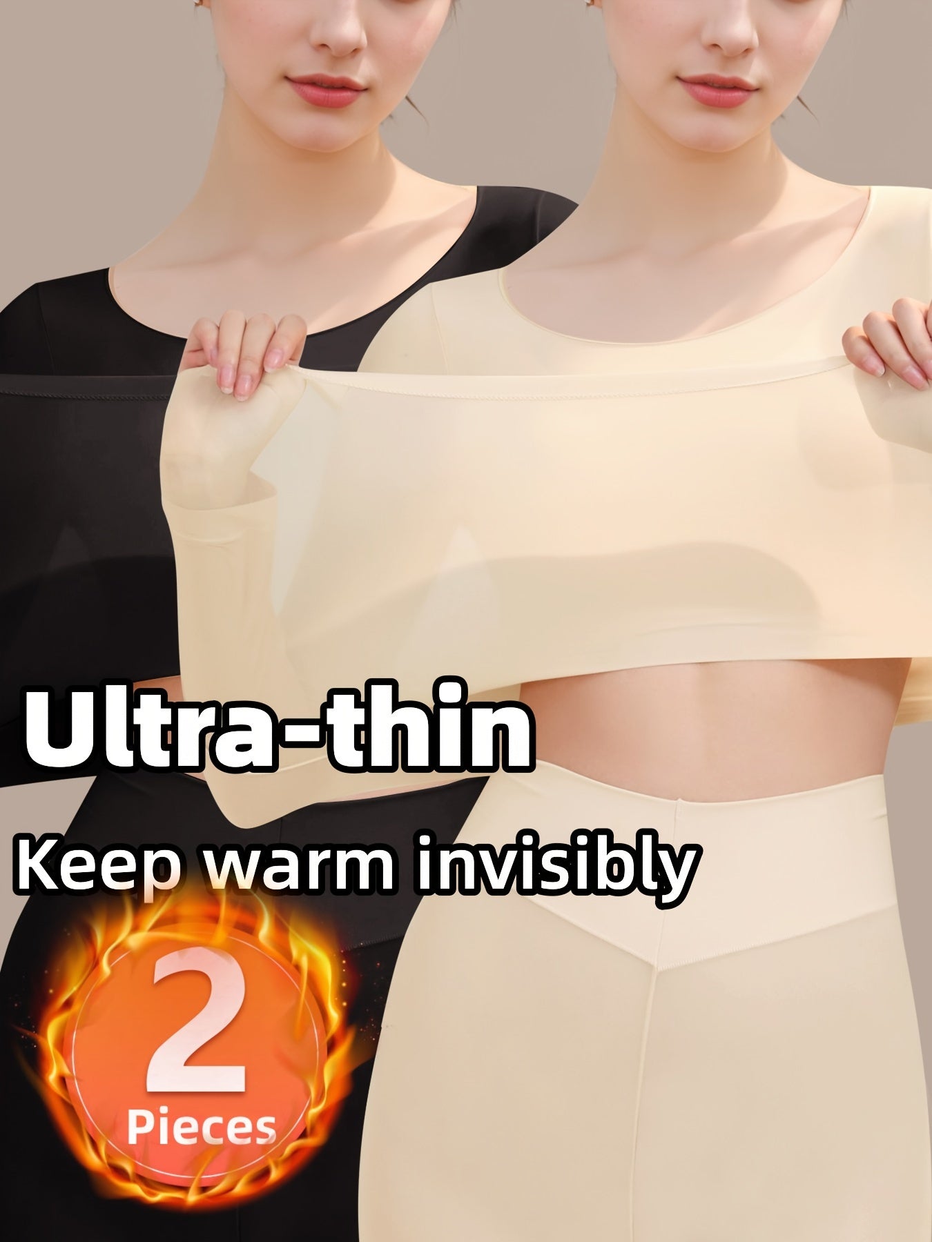Set of 2 High-Elastic Ultra-Thin Base Layer Tops, Lightweight And Form-Fitting, Warm for Autumn And Winter, Long-Sleeve Women'S Thermal Underwear.