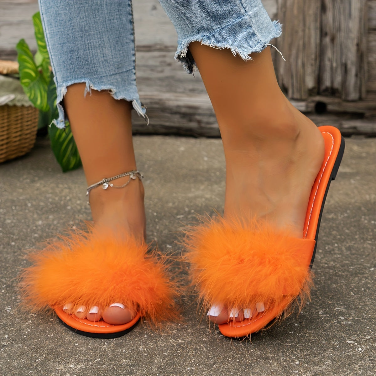 Women's Fluffy Feather Slides, Solid Color Open Toe Single Band Flats, Casual Daily Slide Sandals