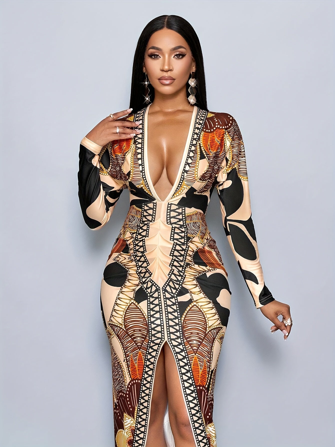 Sexy Appeal] Elegant High-Waist V-Neck Maxi Dress with Chain Print & Side Slit - Long Sleeve, Stretchy Polyester Fabric, Machine Washable - Perfect for Spring/Summer, Women’s Fashion, Cute Dress