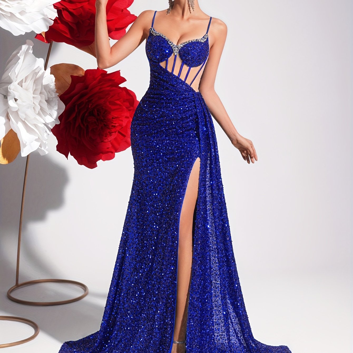 A High-Waisted Long Dress with Sequins, Beading, a V-Neck, Hollow Design, And Open Back, Perfect for Parties And Evening Events.