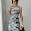 Elegant Black & White Plaid Sleeveless Dress with Bow Detail - High-Waisted A-Line Mini Skirt, Machine Washable Polyester, Women’s Fashion, Stylish Daywear | Aline Dress | Polyester Fabric, Cute Dresses
