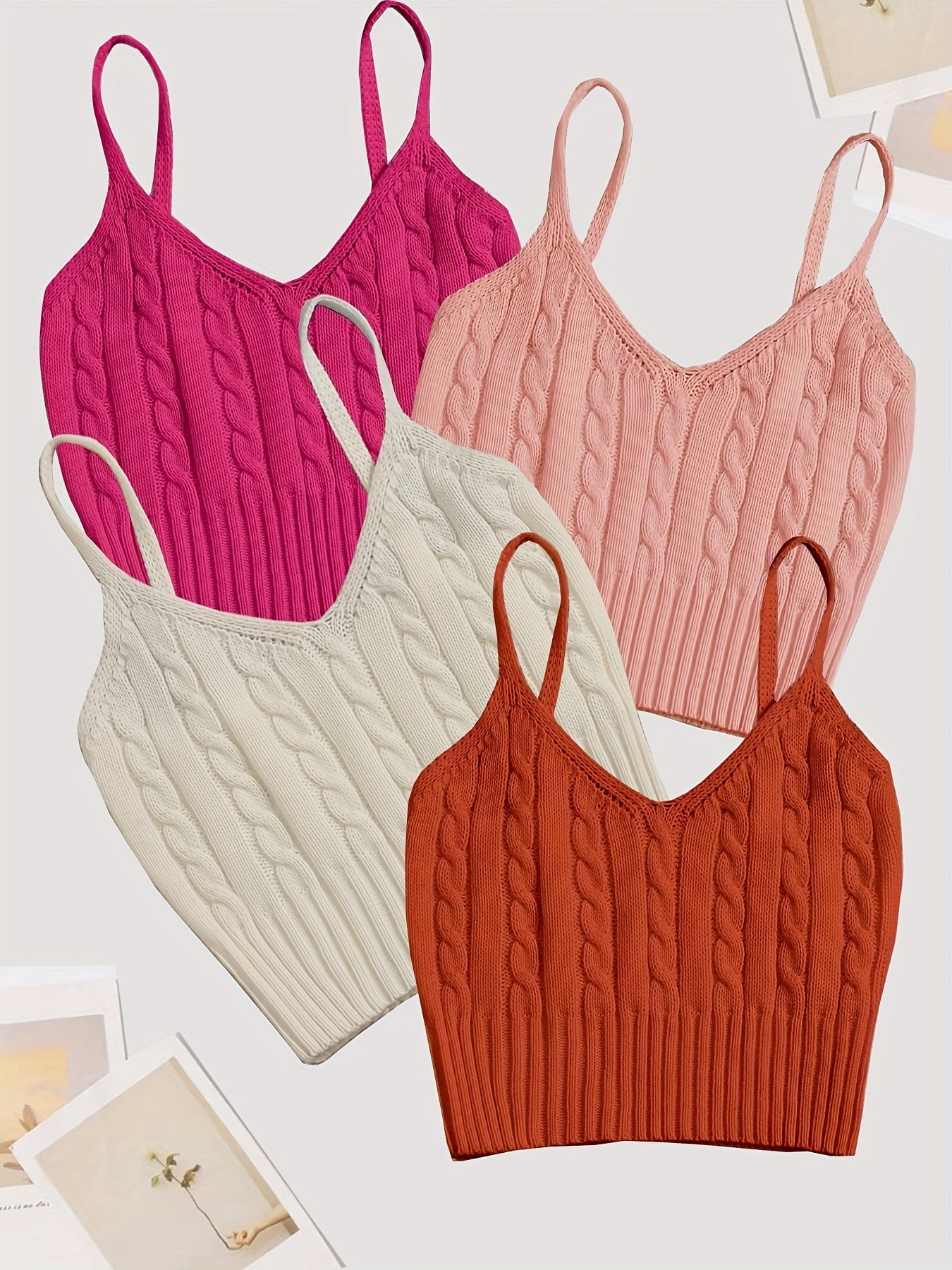 Valentine's Day 4 Packs Cable Knit Cami Tops, Versatile Crop V Neck Summer Sleeveless Cami Tops, Women's Clothing