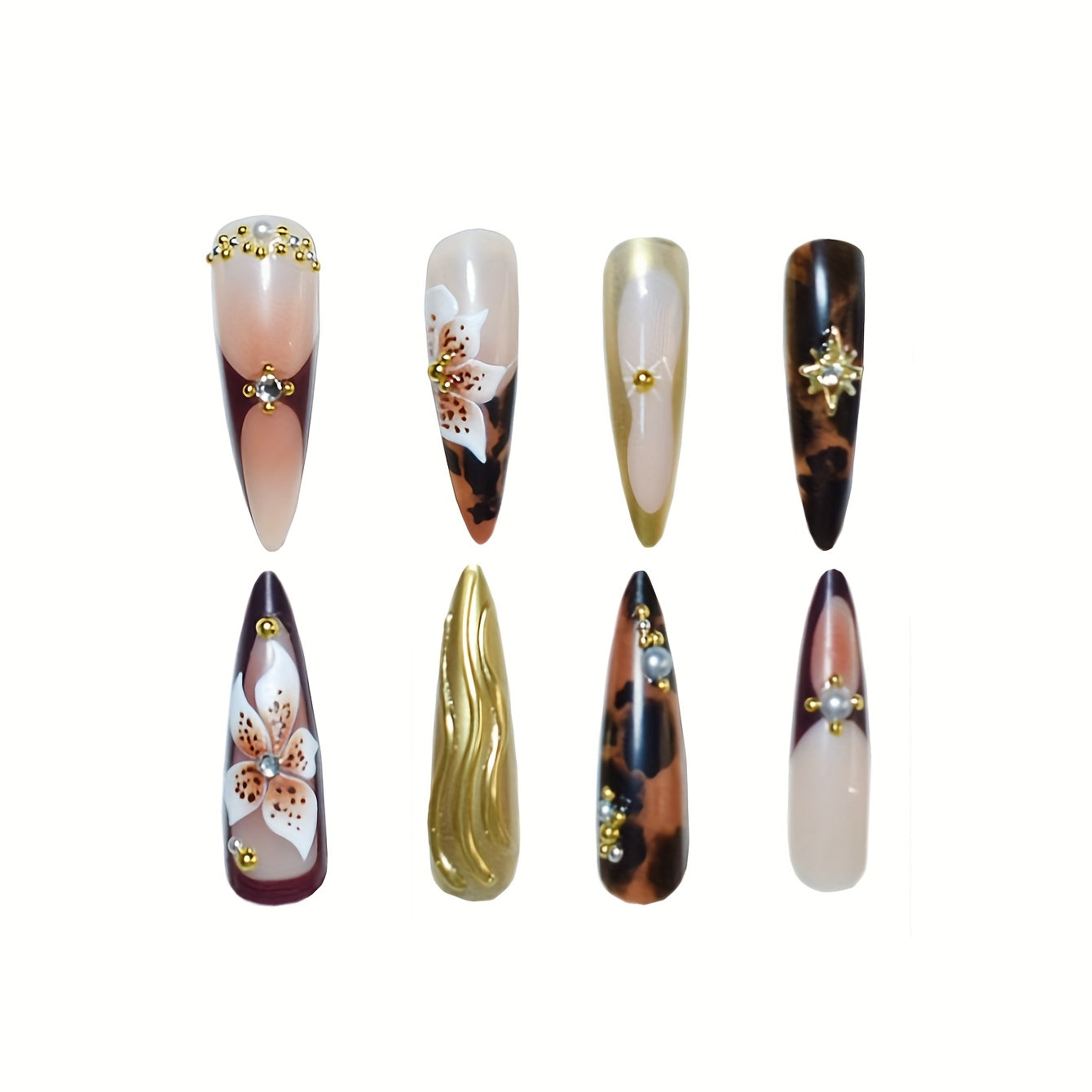 24pcs set of almond-shaped false nails with 3D three-dimensional wave texture and pure desire pearl flowers and sparkling rhinestones suitable for all women and girls. The box comes with nail files and jelly glue for easy app