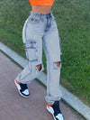 Women's Cut And Worn Pocket Wide Leg Jeans, Casual Street Style Low Waist Loose Boyfriend Jeans, Casual Loose Jeans