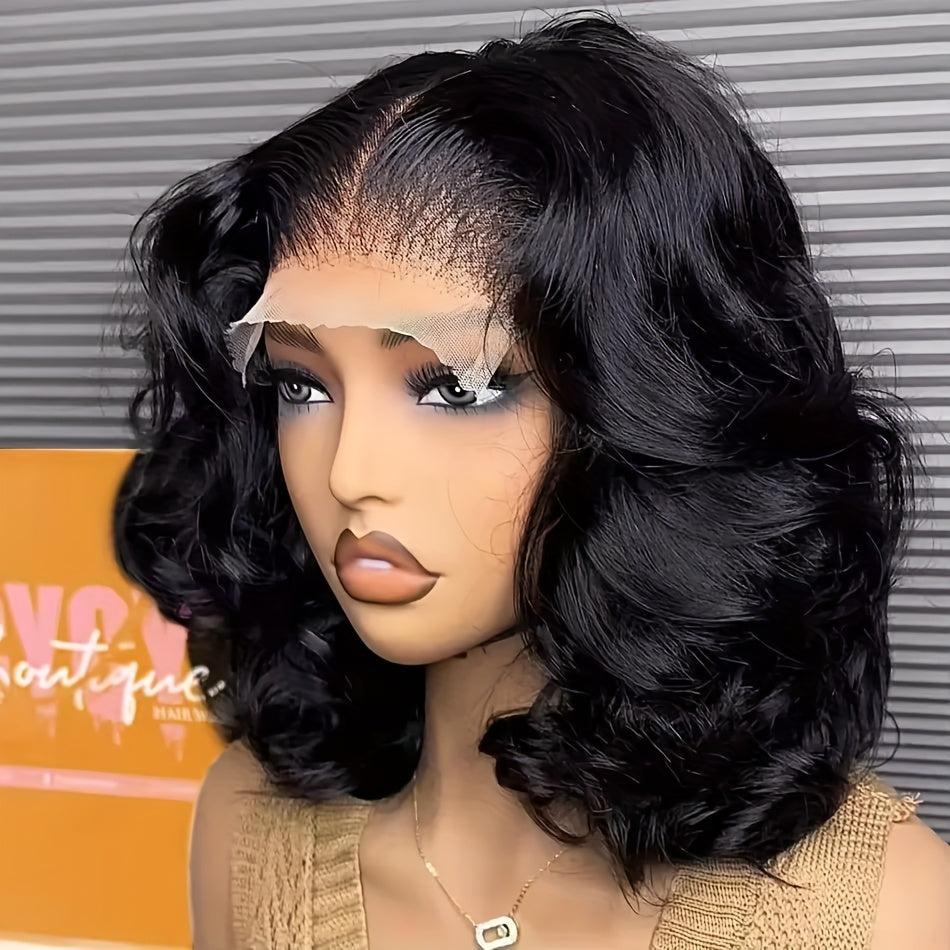 4x6 Lace Framing Short Wavy Bob Wig - Invisible Knots 3D Body Wave Human Hair Wig, 220 Density Shoulder Length Natural Look for Women, Elegant Style Fits All Ethnicities, Versatile Hairpiece, Sophisticated Hairpiece
