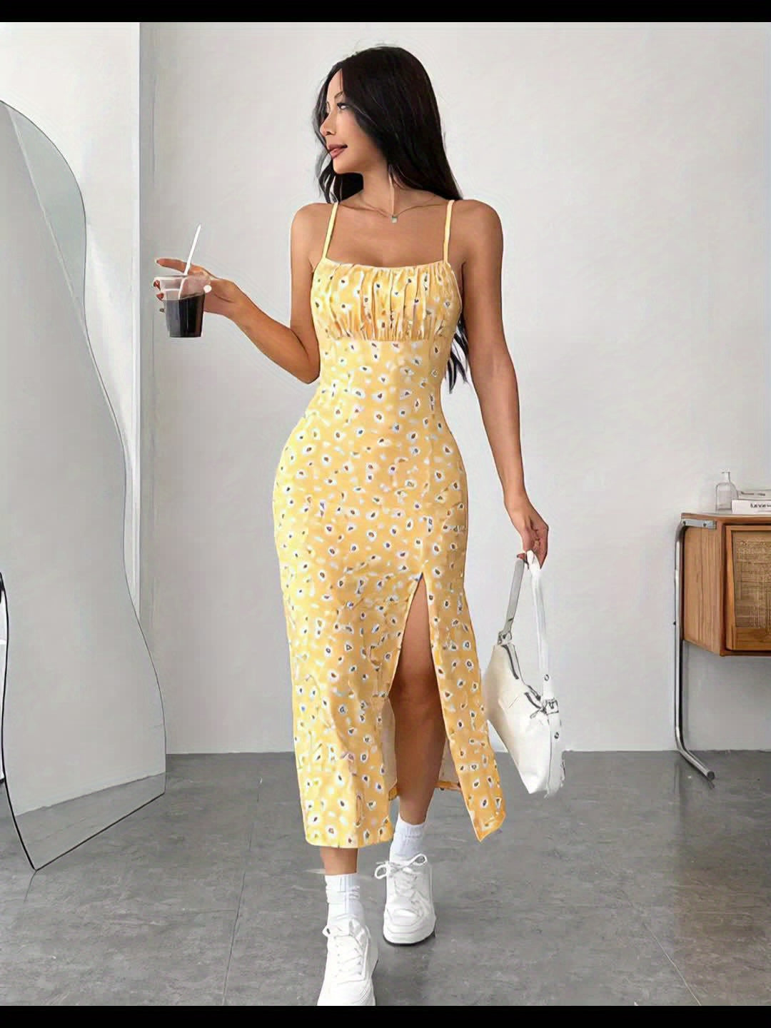 Women's Elegant Floral Print Knit Midi Dress with Adjustable Thin Straps, Ruffled Hem & Split Side - Yellow Off-Shoulder Vacation Dress for Spring & Summer, Summer Outfit | Offshoulder Dress | Stylish Design, Cute Dresses