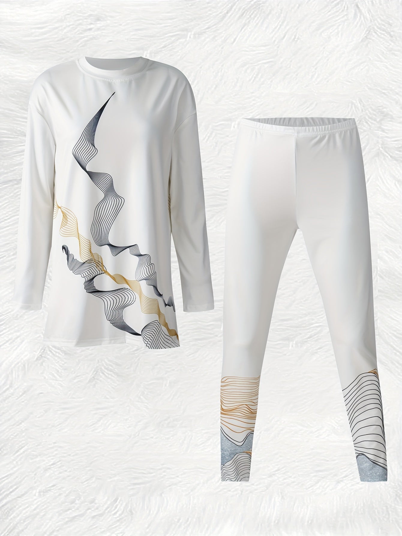 Two-Piece Chic - Soft Graphic Print, Crew Neck, Long Sleeve, Elastic Waist, Split Top, Comfortable Pants - Perfect Outfit for Spring and Fall, Women's Casual Clothing