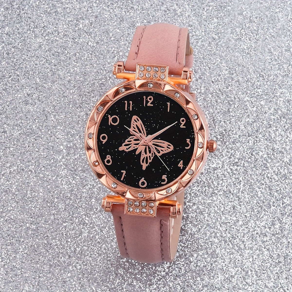 6pcs Lovely Pink Butterfly Shell Quartz Watch, Bracelet, Necklace & Earrings Set - Pointer Display, Electronic Quartz Movement, Non-Rechargeable Battery – Ideal Gift for Valentine’s Day, Easter & Eid al-Fitr – Best Pres