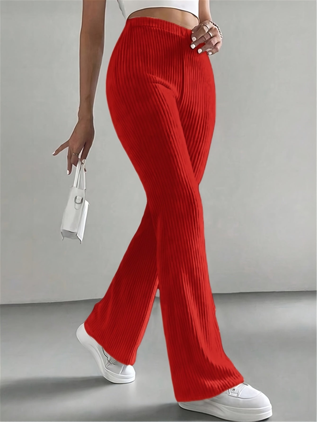 High-Waisted Flare Pants, Elegant Solid Women's Trousers