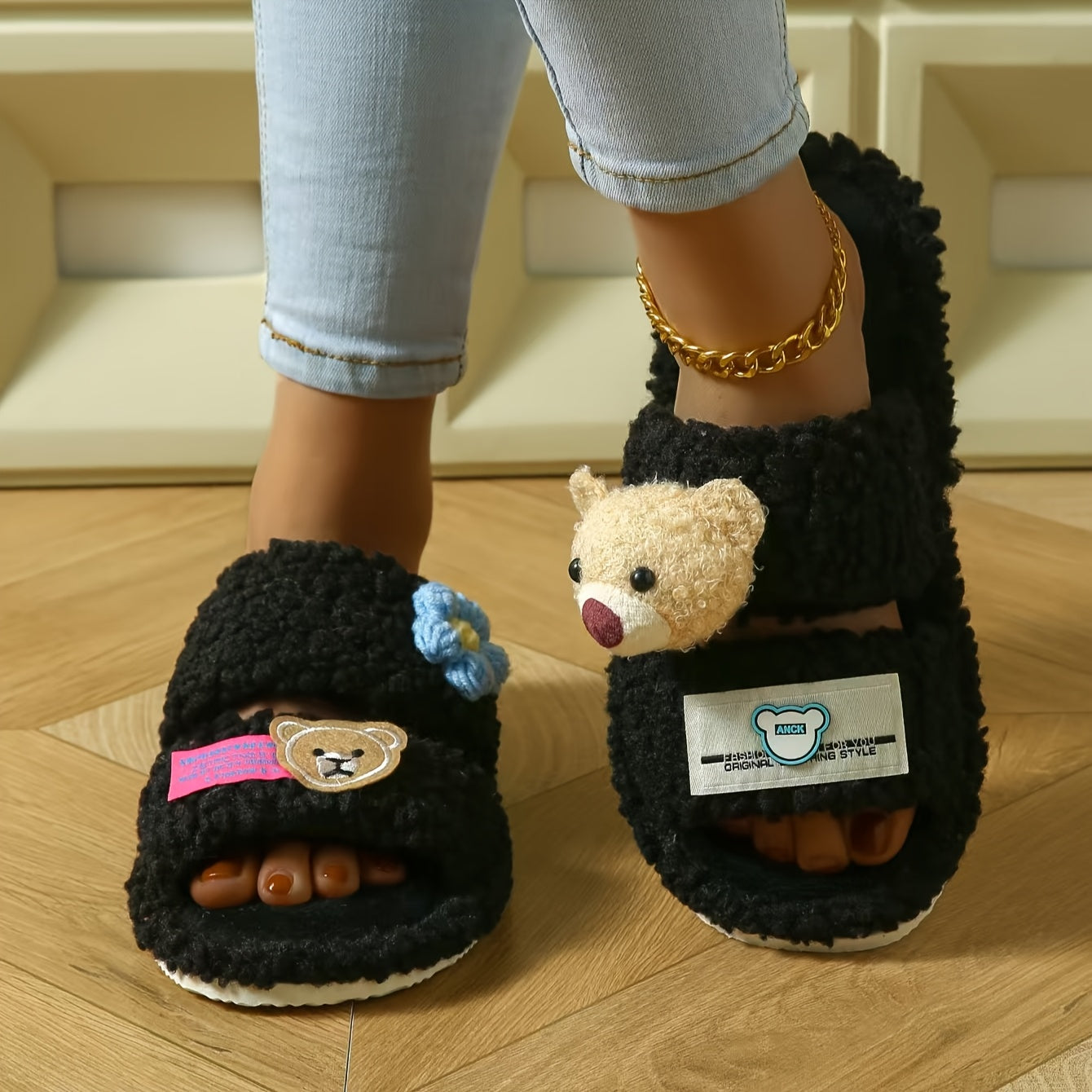 New Autumn And Winter Women'S Fluffy Slippers Designed in Dopamine Colors with Cartoon Bear Patches And Flat Non-Slip Soles.