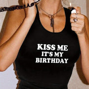 Kiss Me It's My Birthday" Women's Y2K Crop Tank Top - Black with White Letter Print, Casual Sleeveless Summer Top, Stretchy Polyester Blend, Machine Washable