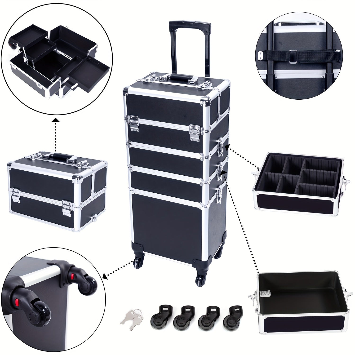 4in 1 Aluminum Cosmetic Professional Makeup Case Tattoo Box, Extra Large Cosmetic Case Rolling Makeup Case Trolley Makeup Travel Organizer with 360° Swivel Wheels Pink Black