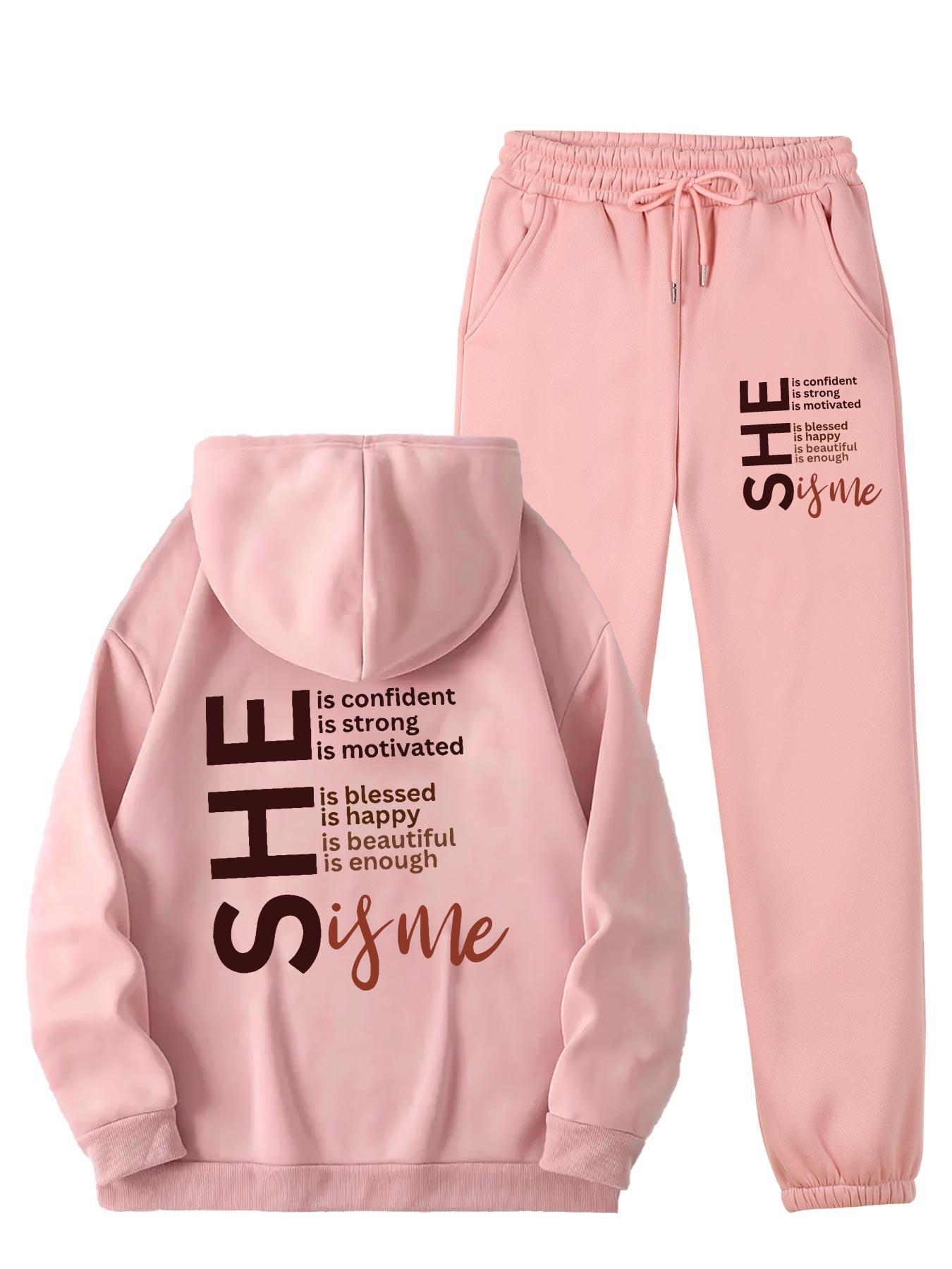 Cozy Fleece-Lined Women's Hoodie & Sweatpants Set with Letter Print - Machine Washable, Pocket Detail, Polyester