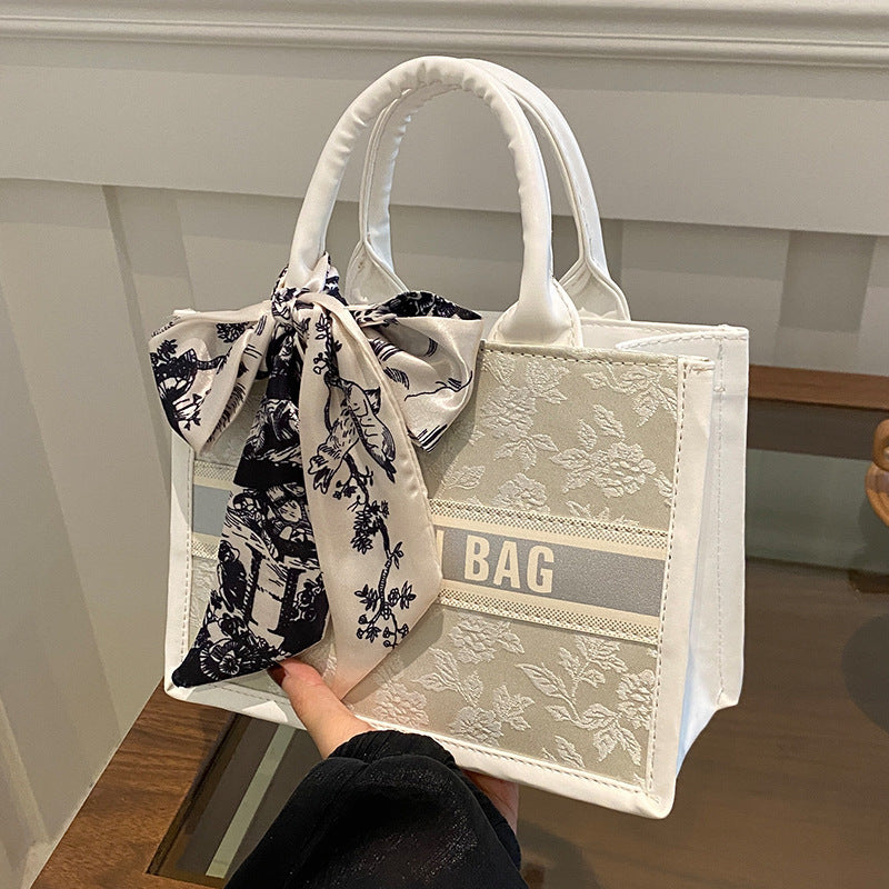 Large Capacity Fashion Letter Print Tote Bag with Scarf Bow - Stylish Synthetic Leather Shoulder Bag for Women, Floral Pattern, Zip Closure, Perfect for Commuting & Everyday Use, Large Tote Bag