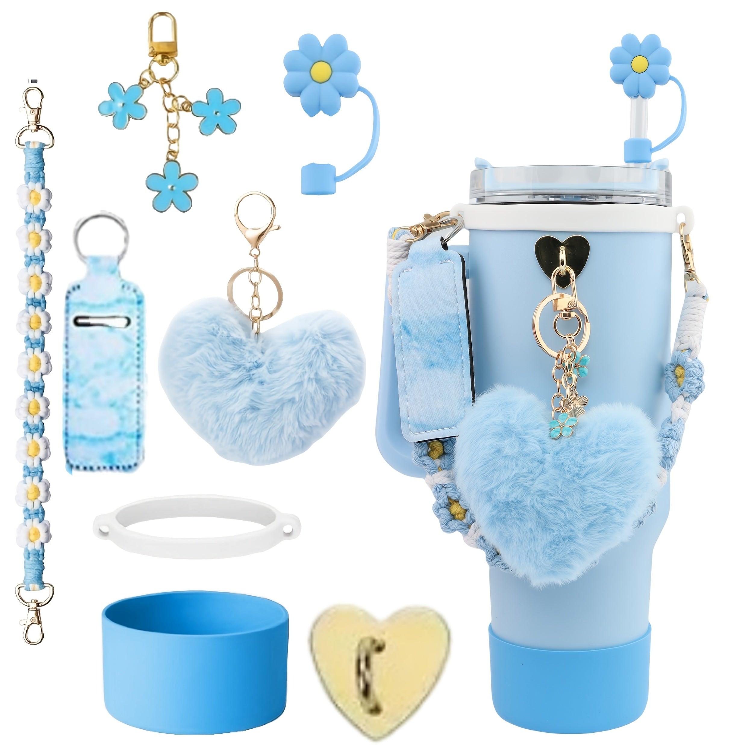 Exquisite 8pcs Cup Accessory Set 40 Ounces: Our Cup Accessory Set Includes Silicone Straw Cap, Rubber Cup Ring, Pearl Chain, Keychain, Bottle Boots, Heart-shaped Keychain, And Heart-shaped Hook, Stylish And Of Excellent Quali
