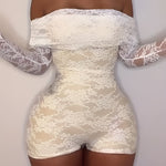 Off the Shoulder Lace Long Sleeve Jumpsuit, Elegant Solid Color, for Women, Spring/Summe