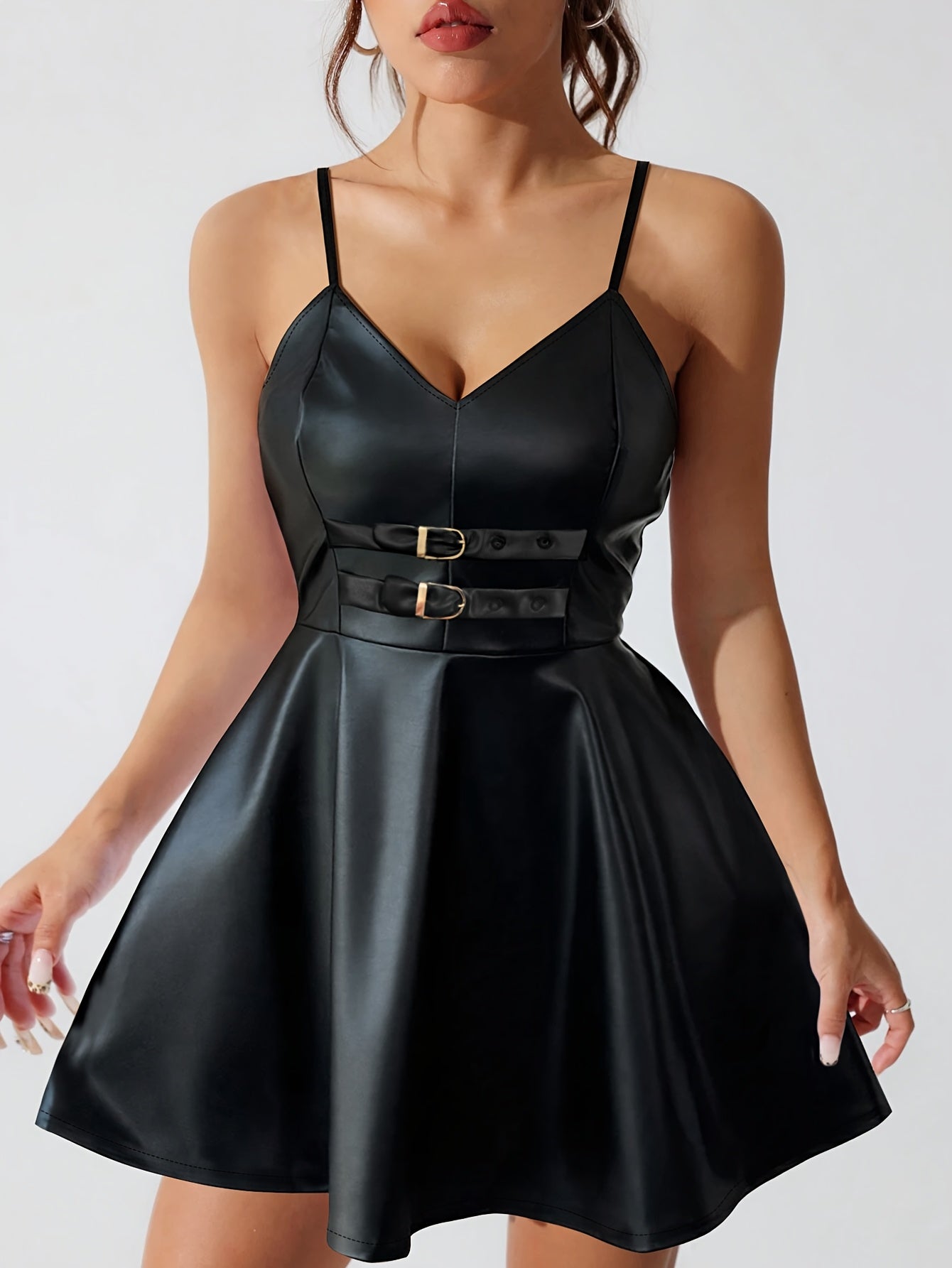 Women'S Elegant Faux Leather Mini Dress - Sleeveless, Black, Fitted with Waist Belt, Ideal for Spring/Summer, Casual to Formal Wear, Casual Dressing | Minimalist Fashion | Elegant Mini Dress, Minidress