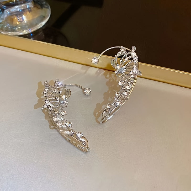 2pcs Butterfly Fairy Ear Cuff Earrings – Non-Pierced Elven Ear Crawlers with Sparkling Synthetic Zircon, Handmade Fantasy Jewelry for Women & Girls, Cosplay or Special Events