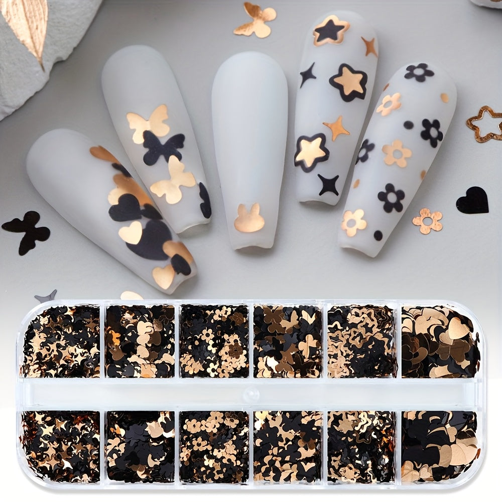 Yanyniu 12-Grid Butterfly & Floral Nail Glitter - Black, Golden & White Mix | Sparkling Rabbit & Flower Designs for Nail Art Decoration