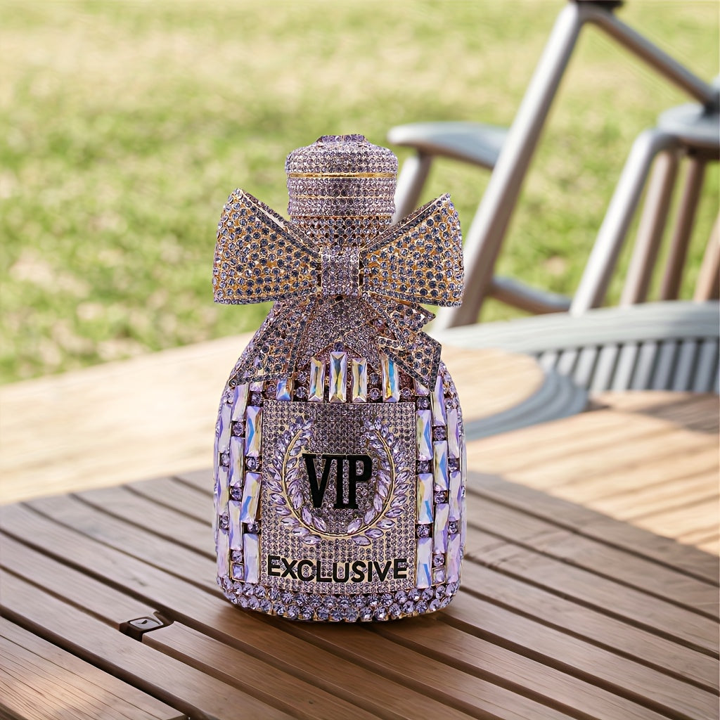 Elegant Rhinestone Champagne Bottle Clutch - Sparkling Evening Purse with Detachable Strap, Magnetic Closure for Women - Available in Lavender, Pink, Green, Navy, Golden, Silvery