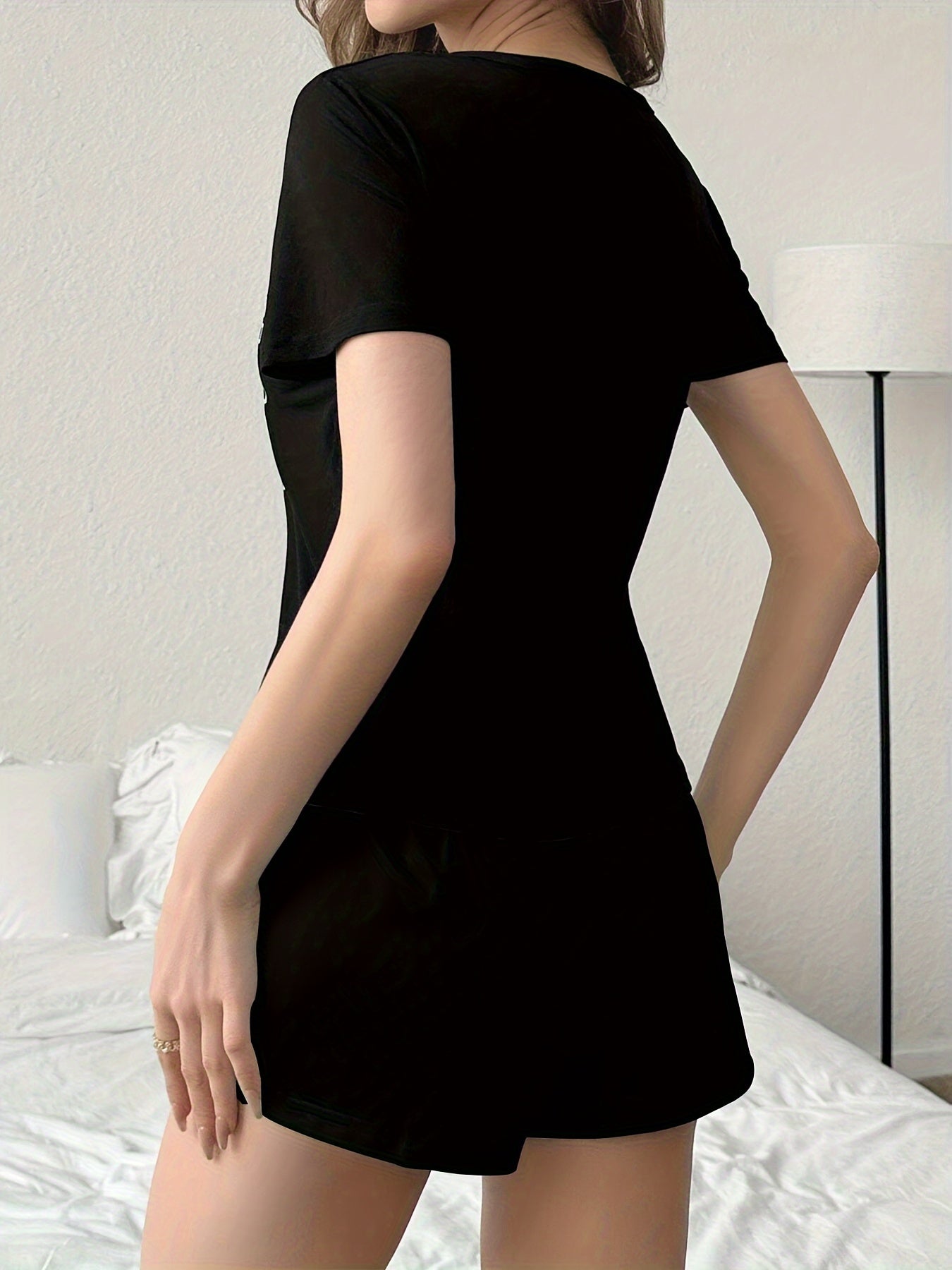 Short Sleeve Round Neck Letter Print Pajama Set - Women's Casual Sleepwear - Elastic Bow Shorts