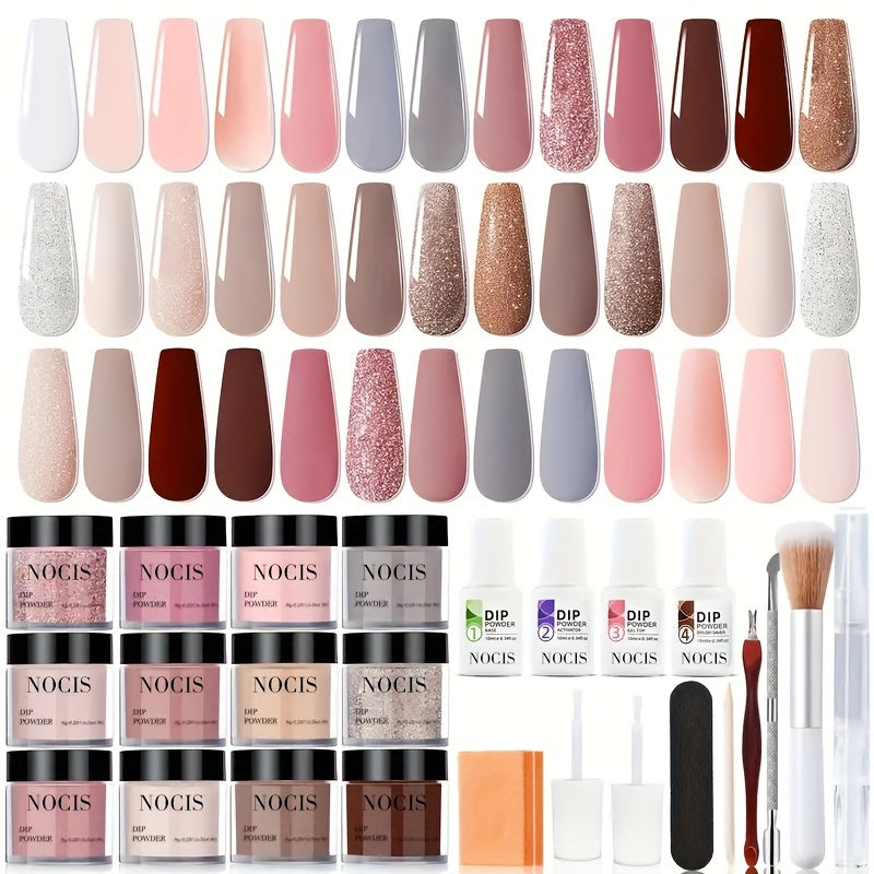 NOCIS 33pcs Dip Powder Nail Kit - Glittering Colors, Activator & Primer for DIY French Manicures, Salon-Quality Home Use - Ideal Gift for Girls