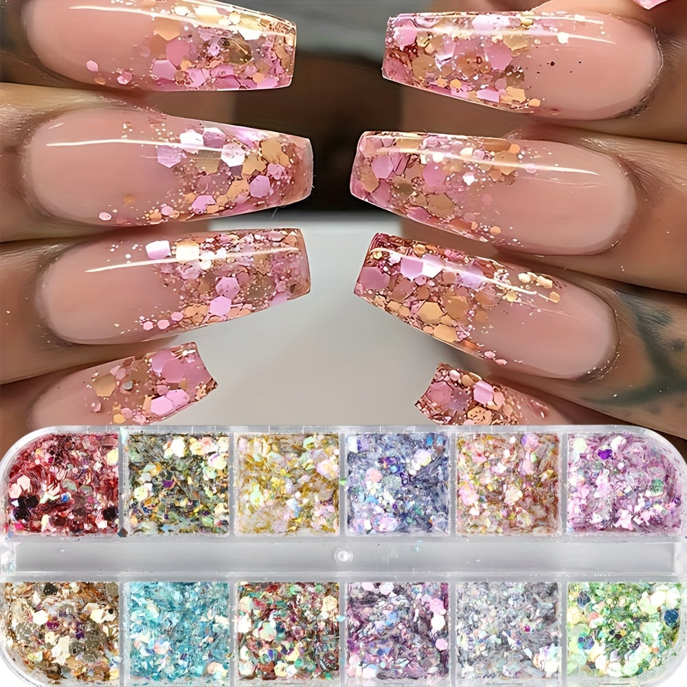 1 Box Holographic Hexagon Iridescent Nail Glitter Sequins - Mermaid Flakes Powder for Y2K Wedding Nail Art, Shiny Sparkly Sheets for Creative Manicures, Multi-Dimensional Colors (Pink, Blue, Green, Golden, Purple), Party Nail