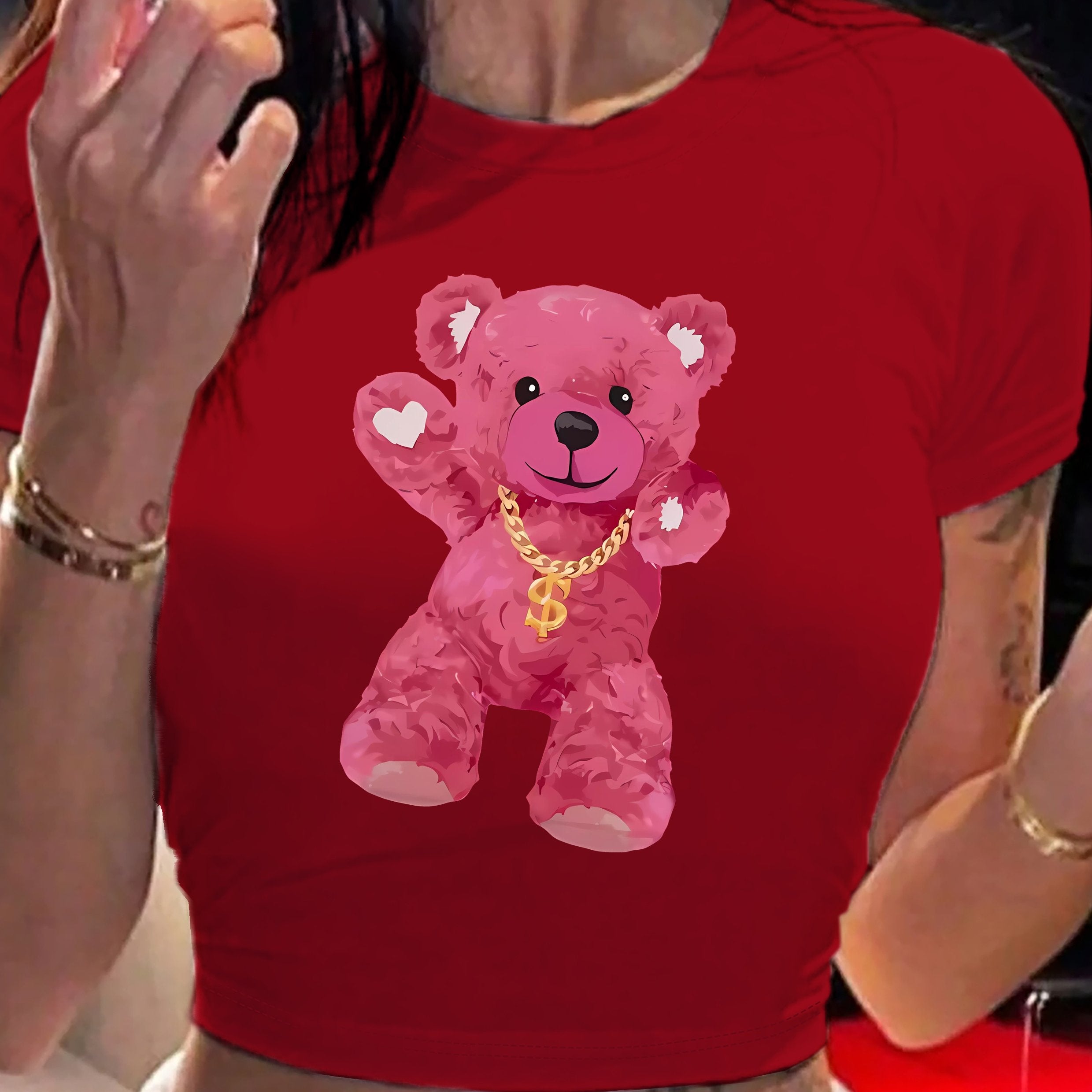 1pc Y2K Style Pink Teddy Bear Graphic Crop Top - Short Sleeve Round Neck Semi-Transparent Polyester Blend Tee for Women, Spring/Summer Casual Wear, Teddy Bear T Shirt