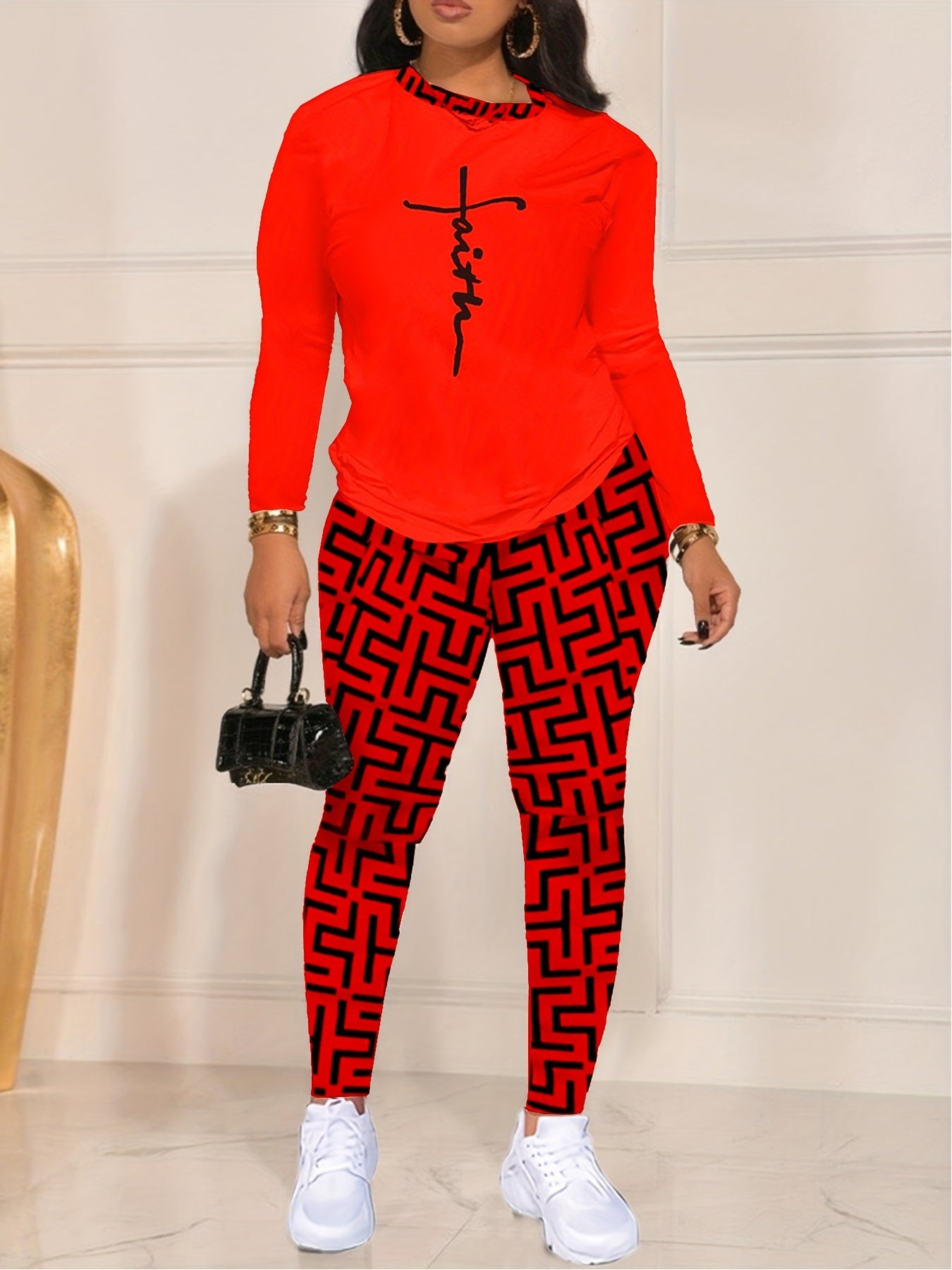 Chic Geo Print Women's Outfit - Casual Long Sleeve Top & Pants Set, Stretchy Polyester Blend, Machine Washable - For Women - Perfect for Everyday Wear  - Great Gift for Fashionable Ladies
