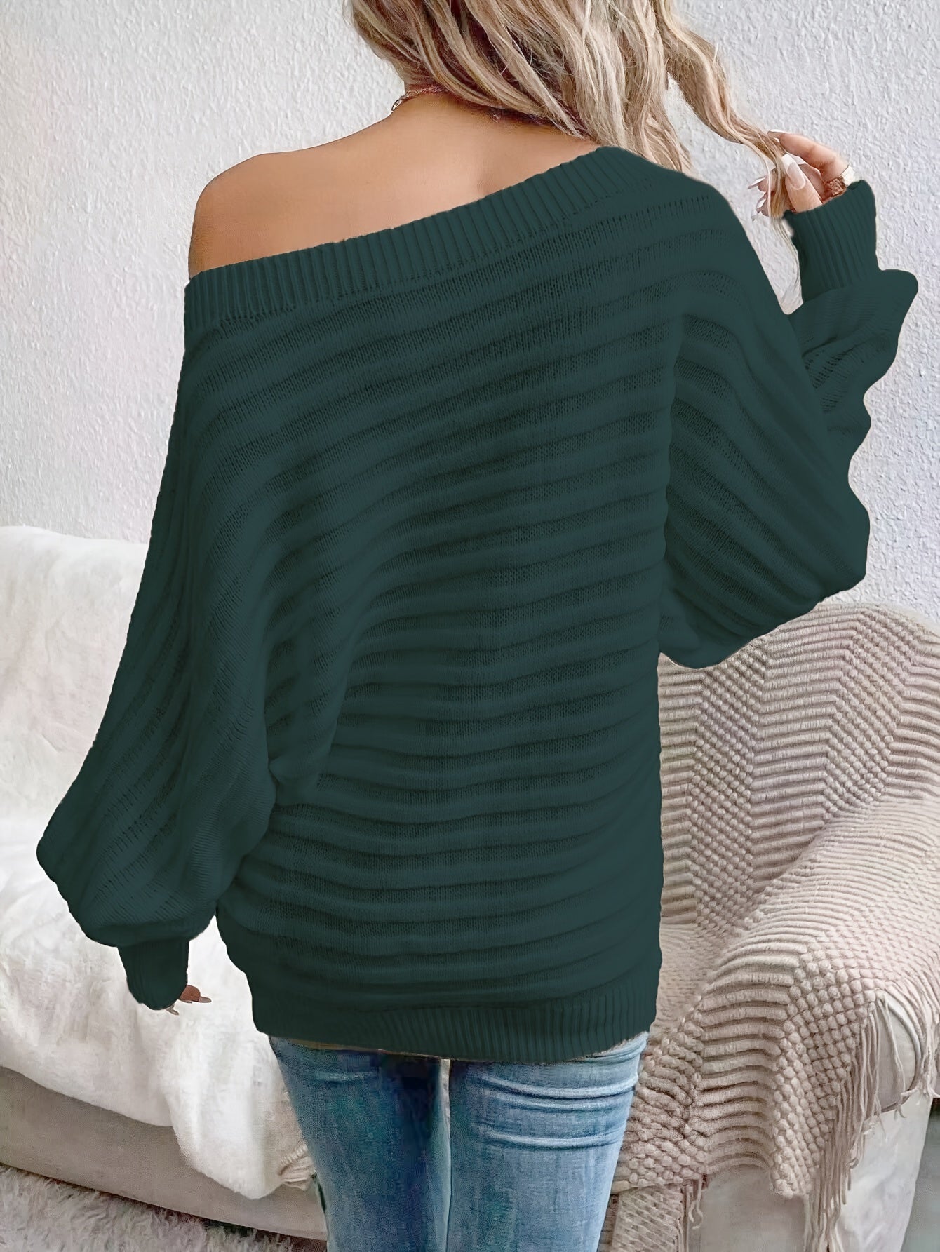 Elegant Off-Shoulder Knit Sweater for Women - Chic Solid Color, Cozy Acrylic Pullover with Lantern Sleeves, Casual & Stylish, Perfect for Fall/Winter - Hand Washable