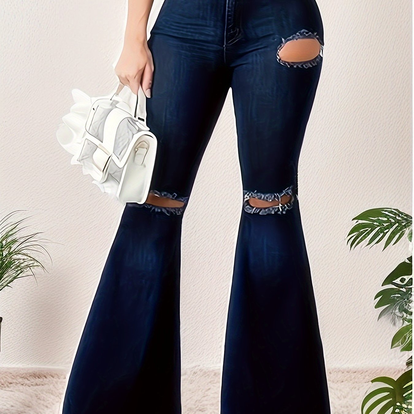 Women's High-Stretch Distressed Flared Jeans - Elegant Bell-Bottom Denim Pants with Geometric Pattern & Frayed Hem, Machine Washable All-Season Casual to Dressy Wear, Ladies Jeans, Versatile Clothing, Trendy Fashion, Durable
