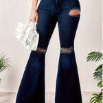Women's High-Stretch Distressed Flared Jeans - Elegant Bell-Bottom Denim Pants with Geometric Pattern & Frayed Hem, Machine Washable All-Season Casual to Dressy Wear, Ladies Jeans, Versatile Clothing, Trendy Fashion, Durable