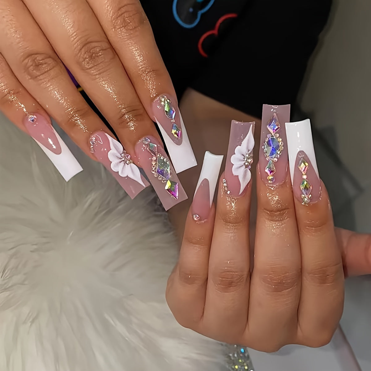226pcs 168pcs Glossy Long Square Fake Nails (7 pack)  + 58pcs Rings Set White French Tip Press On NailsWith Embossed Flower Rhinestone Design, sweet Cool Full Cover FalseNails For Women Girls