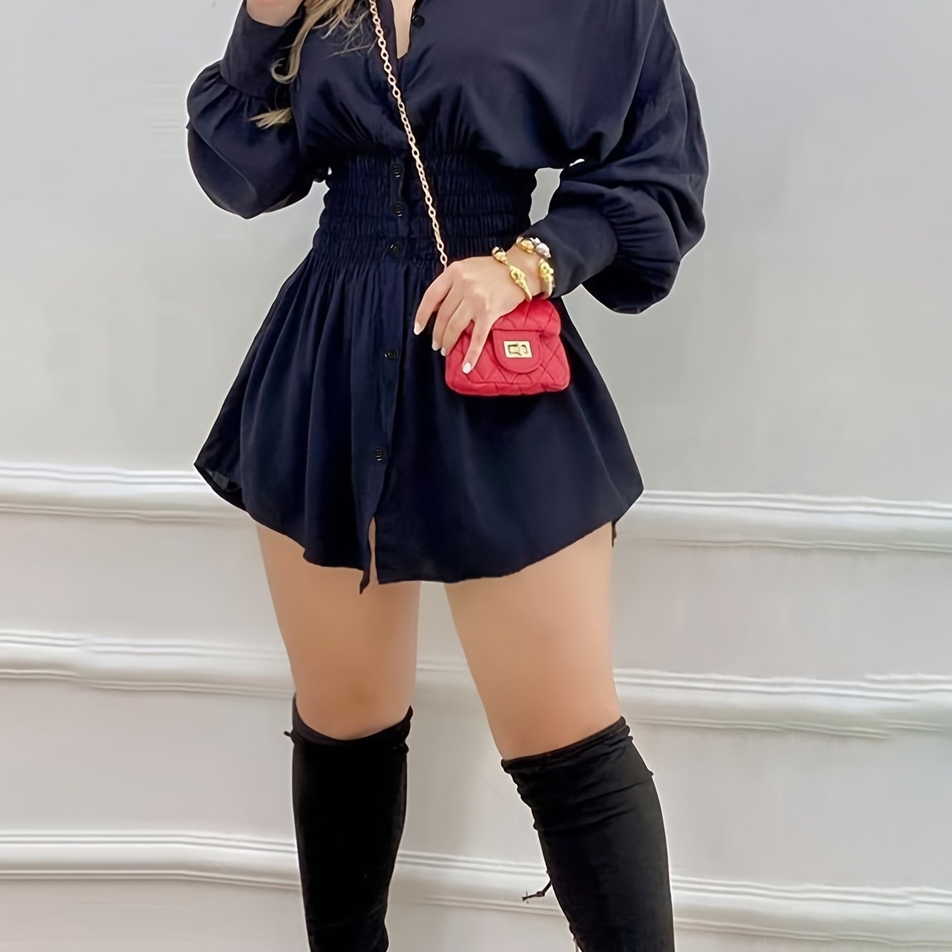 Women's Chic Navy Blue Long Sleeve Shirt Dress with Letter Print - Casual Polyester, Button-Up Collared Design, Machine Washable - Perfect for Spring/Summer/Fall, Seasonal Fashion|Collared Attire|Woven Textile