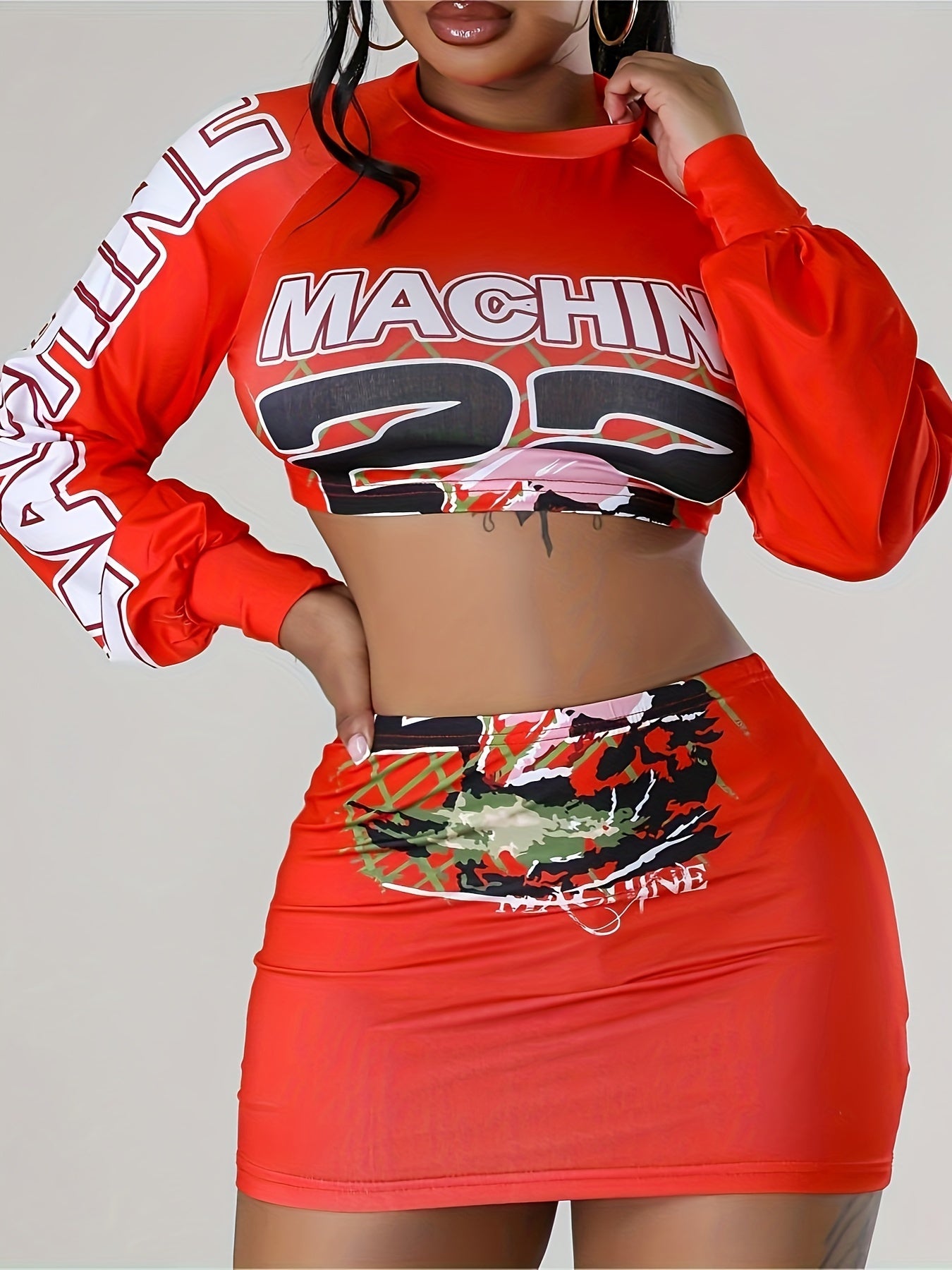 Modern Casualwear] Stylish Red Two-Piece Skirt Set with "MACHINE" Print & Lantern Sleeves - Casual Polyester Blend Crop Top & Mini Skirt, Machine Washable - Perfect for Spring/Fall, Casual Wear Set|Trendy Crop Top|Knit Constr