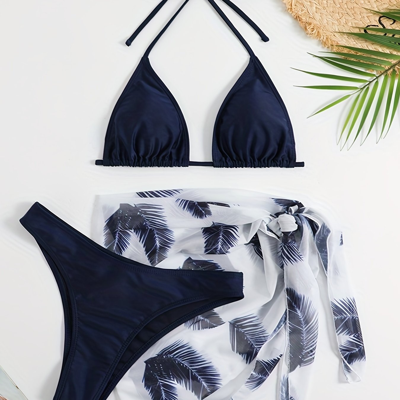 3-Piece Feather Print Bikini Sets, Halter Neck Tie Back Backless High Cut With Cover Up Wrap Swimsuit, Women's Swimwear & Clothing