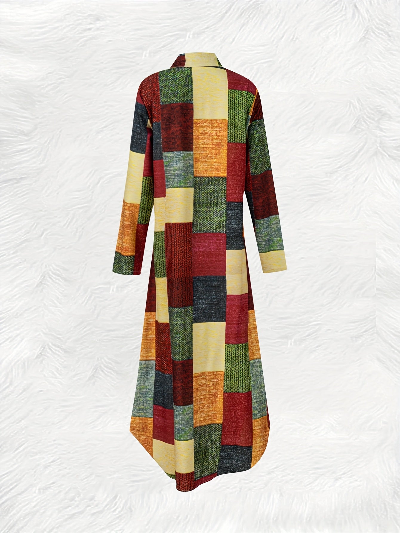[1pc Vintage-Inspired Geometric Pattern Shirt Dress] Vintage-Inspired Geometric Pattern Shirt Dress with Lapel Collar, Long Sleeves, Button Details - Polyester Fabric, Woven Spring/Fall Midi Dress for Adults