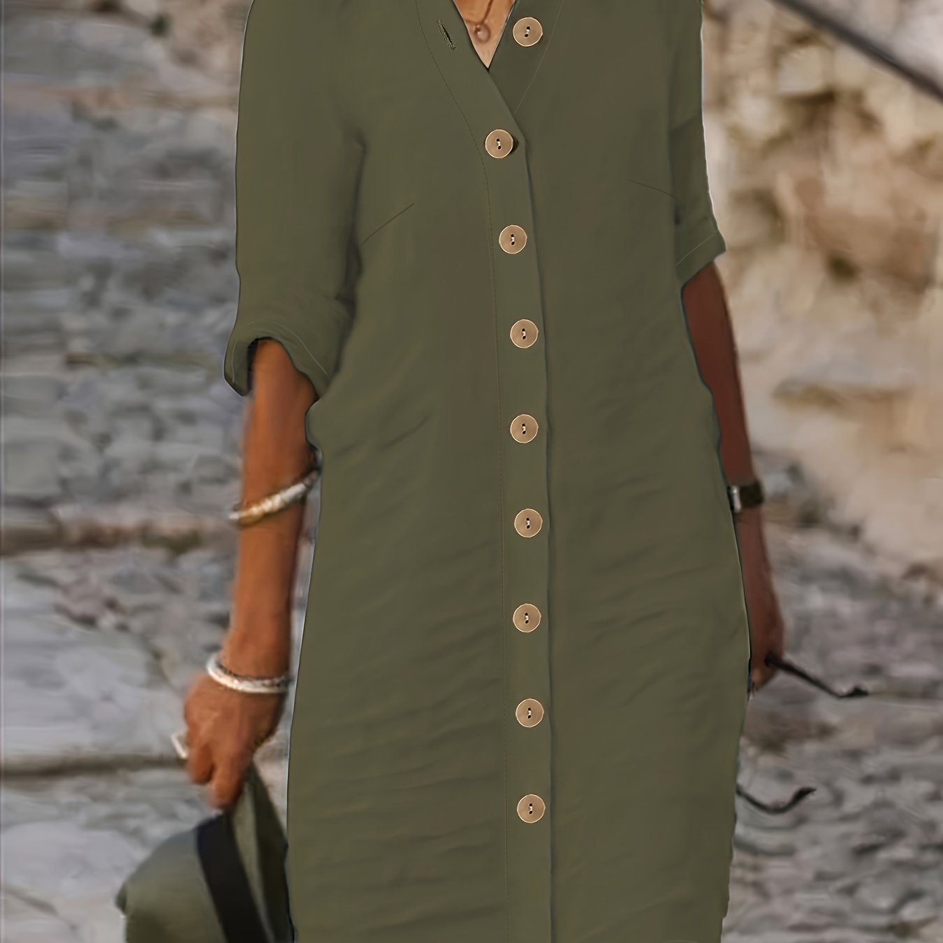 Women's Navy Blue Casual Shirt Dress - Single-Breasted Collar, Half Sleeve, Straight Cut, Machine Washable, Spring/Fall Fashion