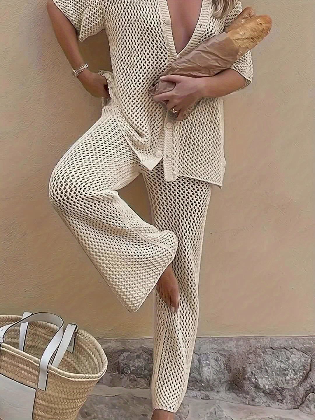 Women's Vacation Style Fashion Hollow Fabric Short Sleeve Shirt and Pants Set