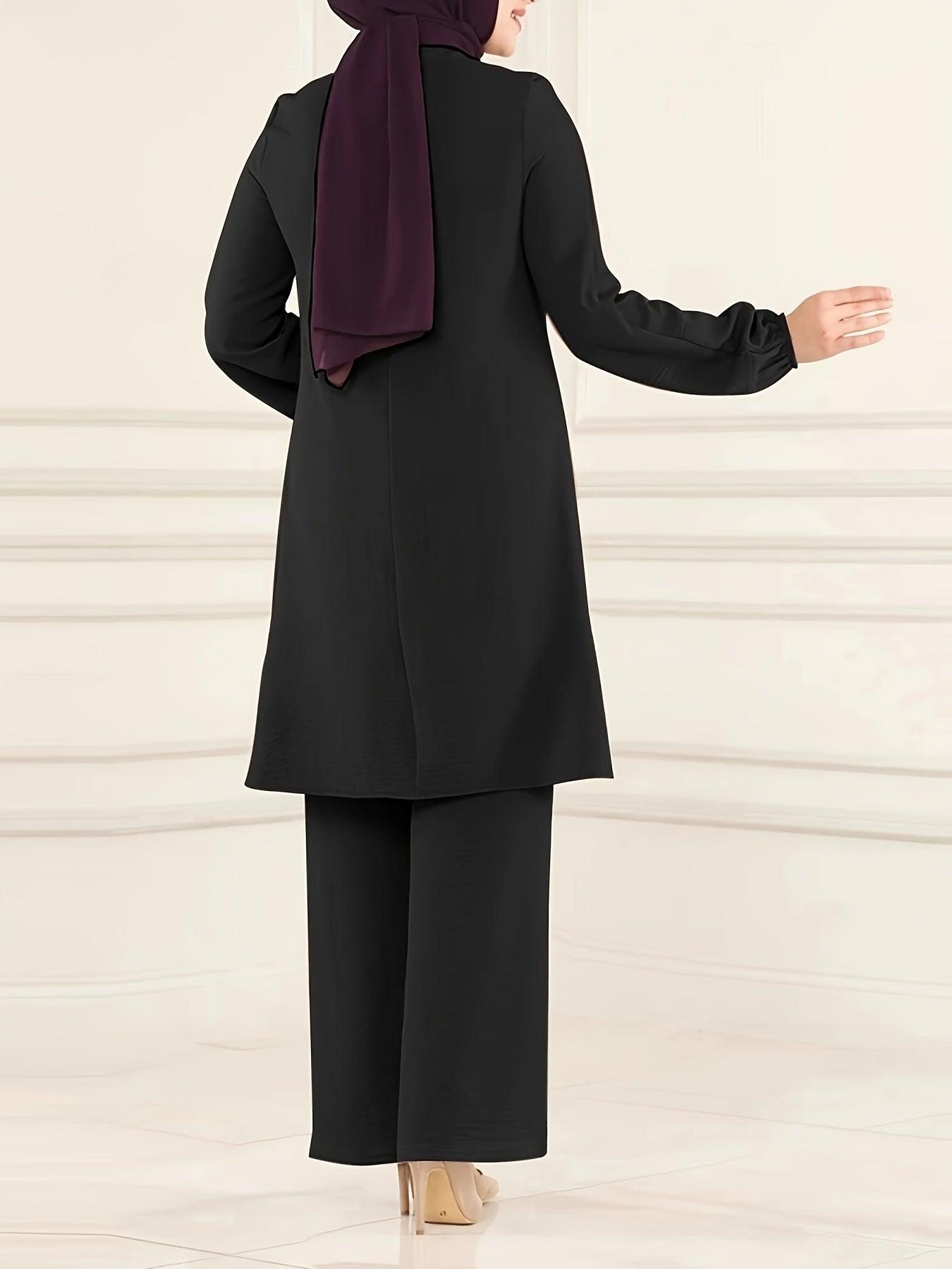 Ramadan Elegant Solid Muslim Two-piece Set, Long Sleeve Crew Neck Top & Straight Leg Pants Outfits, Women's Clothing